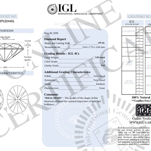 Oval Diamond Pendant 14K Yellow Gold (1.03 Ct I Vs1) Igl C54200004 - Picture 5 of 6